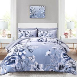 Luxudecor Floral Comforter Set King Size 7 Piece, Blue Flower Bed in a Bag, Elegant Gradient Floral Comforter with Sheet Set, Soft Seersucker Microfiber Bedding Set for All Season (Blue, 104"x90")