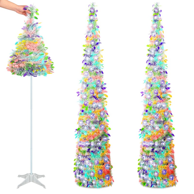 Sosation 2 Pcs 5 ft LED Easter Trees Green Tinsel