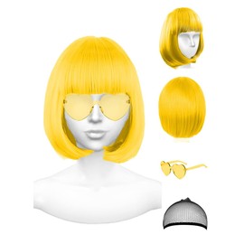 Featured Wigs and Heart Sunglasses, Color Bob Wig, Party Cosplay Wigs, Rainbow Wig with Neon Glasses for Women - Bachelorette Party Decorations Favors (Yellow)