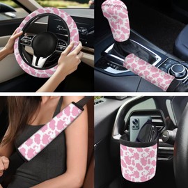 Yspwyqan Pink Cow Print Car Interior Accessories Set 10 Pcs Soft Steering Wheel Cover,Seat Belt Pad,Handbrake and Shift Protetor,Air Vent Storage, Key Chain Auto Decor Gift for Wife
