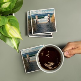 Lantern Press Outer Banks, North Carolina, Steps to Beach (Absorbent Ceramic Coasters Set of 4 Matching Images, Cork Back, Kitchen Table Decor)