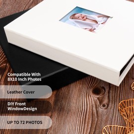 8x10 Photo Album Holds 72 Photos, Leather Cover Photo Album 8x10 with Front Window,8x10 Photo Album Book, Black Inside Page 8 x 10 Photo Album for 8x10 Wedding Family Pictures (Black) (White)