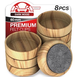 Medipaq Premium Felt Castor Cups for Wooden Floors & Smooth Surfaces - 8x Large 60mm diameter Dark Wood Grain - Chair Leg Floor Protectors - Castors for Furniture - Furniture Cups