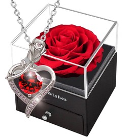 Preserved Rose Box with Austrian Crystal Necklace,Real Red Eternal Rose with S925 Heart Gemstone,Enchanted flower with Ruby Birthstone Pendant,Rose Gold Garnet Gift for Her on Mothers Day Anniversary