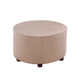 VIENLOVE Round Ottoman Slipcover Polyester Blend Footstool Protector Covers Stretch with Elastic Bottom Feature Textured Machine Washable Jacquard Fabric (Beige, Medium Size)
