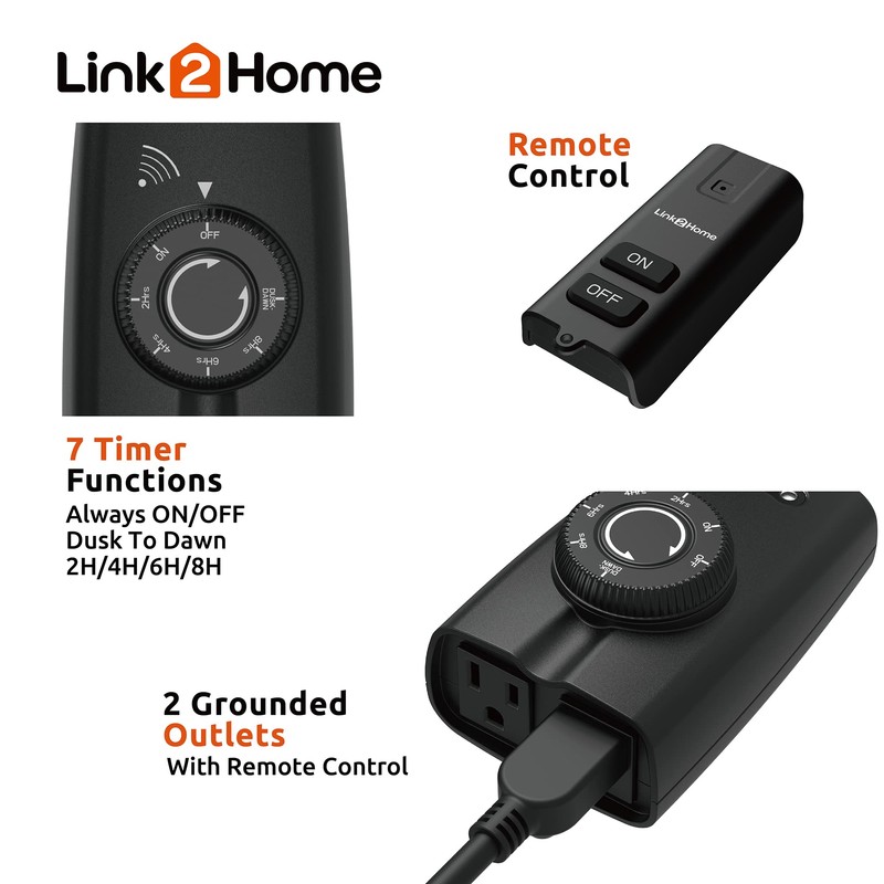 Link2Home Outdoor Weatherproof Wireless Remote Control Double Outlets, Dusk to