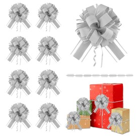 Large Pull Bows, 6 Inches Bows for Gift Wrapping, 8 PCS Christmas Bows Sliver Organza Gift Bows Wrapping Ribbon Pull Bows for Presents Package Baskets Wedding Birthday Party Wrapping Boxes Decorations