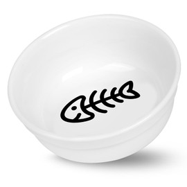 COMESOON 5" Ceramic Cat Bowl with Fish Bone Pattern, Cat Food Bowl for Food and Water, Healthy Cat Dishes for Indoor Cats and Small Dog, Dishwasher Safe & Microwaveable - White