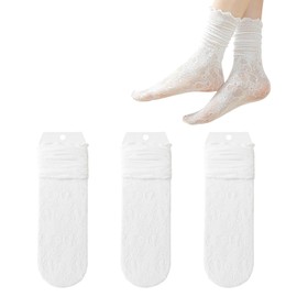 MANJIAMEI Women's Lace Socks, 3 Pair Set, Hollow Mesh, Crew Socks, Cute, Summer, Thin, Breathable, Transparent Embroidery, Work or School Commutes, white, Free size