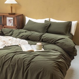 FOSSA Duvet Cover Set 100% Washed Cotton Linen Feel Super Soft Breathable Cozy 3 Pieces Bedding Sets Solid Olive Green Full/Double