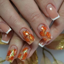 24Pcs Fall Press on Nails Short Square Fake Nails with Gold Glitter Design Reusable White French Tip False Nails Maple Leaf Acrylic Nail Full Cover Nude Pink Stick on Nails for Women Manicure Supplies