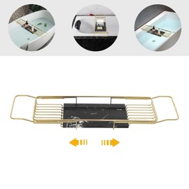 Expandable Bathtub Tray Caddy for Bath Relaxing, Bath Table Tub Tray, Adjusts from 26.77-35.43 in, Ideal for Housewarming, Multifunctional Bathtub Bathroom Organizer (Gold + Black)