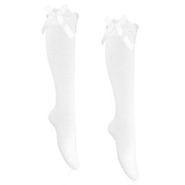 White Knee High Socks with Frilly Ruffle & Bow - Lace Trim Vintage Style Long Socks for Women, Teens, Girls Fashion, Costume