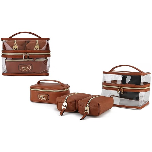 MKF 4PCS Stylish Cosmetic Bag Portable Makeup Travel Organizer Case Cognac