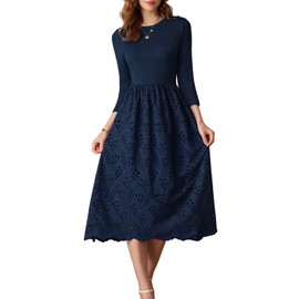 GRACE KARIN Navy Blue Fall Dresses for Women 2024 Trendy Eyelet Dress 3/4 Sleeve A Line Midi Dress Casual Elegant Formal Dress S