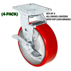 6" X 2" Swivel Casters Heavy Duty Polyurethane Wheel on Steel Hub with Top Lock Brake 1250lb Ea (4) Tool Box Casters - 5,000 lbs Capacity Set of 4