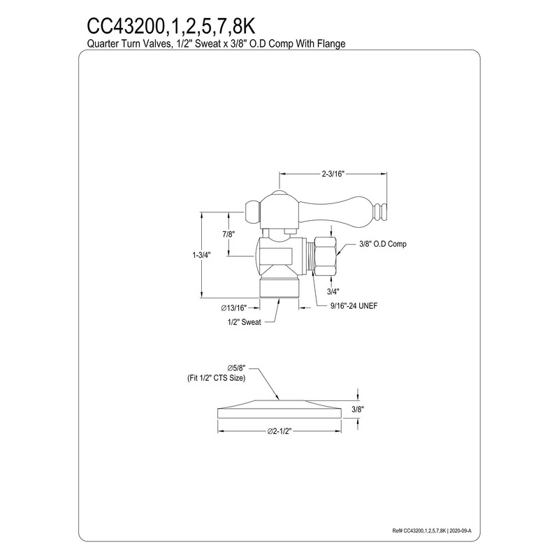 Kingston Brass CC43205K 1/2-Inch Sweat x 3/8-Inch OD Comp Quarter-Turn