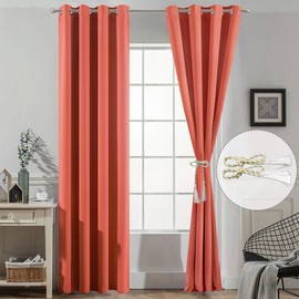 Yakamok Thermal Curtains Blackout Curtain Panels, Room Darkening Solid Grommet Top Window Drapes for Dedroom, 2 Tie Backs Included,（52x84 inch, Coral Orange, 2 Panels