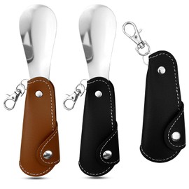 Jaczora 2PCS Travel Metal Small Shoe Horns,4.45inch Foldable Portable Compact Shoehorns Helpers, with Leather Holster Keychain for Men Women Kids Elderly