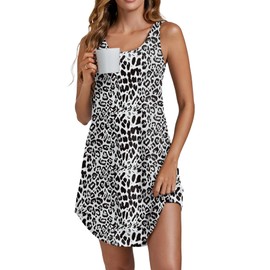 Vrtige Women's Tank Nightgown Sleeveless Sleepwear Scoop Neck Full Slip Chemise Nightdress Grey Leopard Large