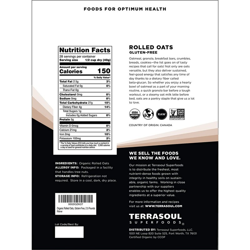 Terrasoul Superfoods Organic Rolled Oats, 5 lbs - Gluten-Free |