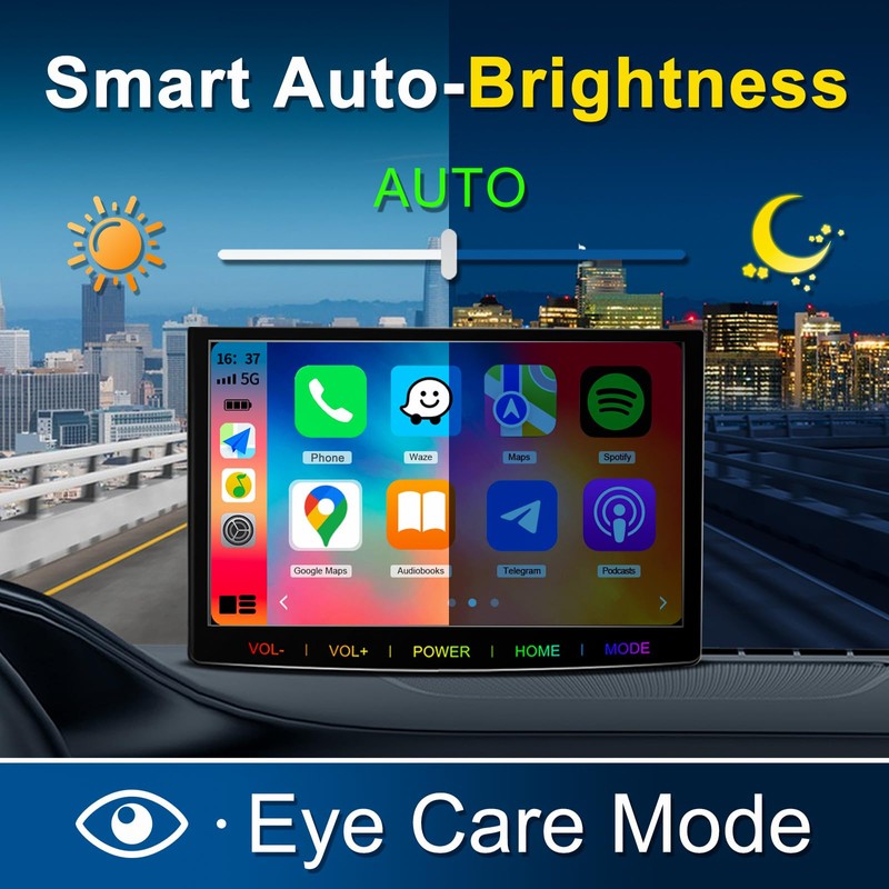 7-Inch Auto Brightness Portable Wireless Apple CarPlay & Android Auto