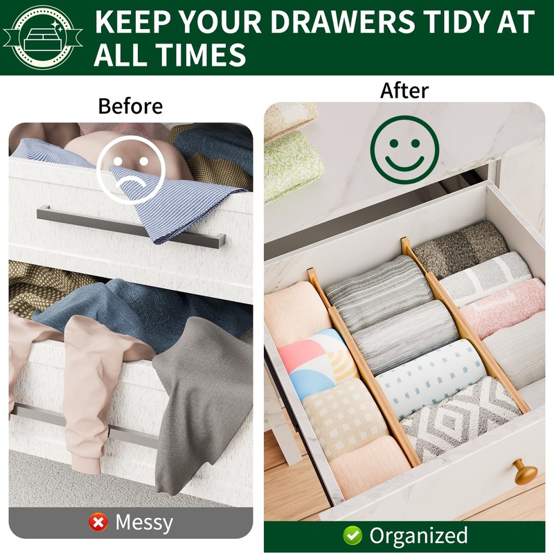 Dunruz 4 Pack Bamboo Drawer Dividers 2.6" High,Adjustable Spring Loaded