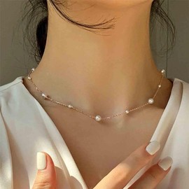 Aneneiceera Vintage Pearl Necklace Choker Necklace Gold Pearl Necklace Short Pearl Necklace Minimalist Necklace Jewellery for Women (Gold), Zinc