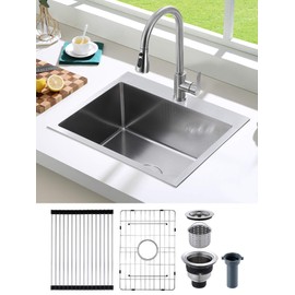 ROVOGO 20"x16"x9" Drop-In Kitchen Sink 304 Stainless Steel Anti-Scratch Honeycomb Surface, Single Bowl with Drying Rack, Bottom Grid and Drain, Self-Rimming Top Mount Bar Sink, Brushed