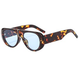 Long Keeper Vintage Oversized Sunglasses Round Women Men Retro Sunglasses Oval Black UV400 Protection, Leopard Blue