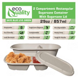 29oz Disposable Bowls with Fiber Lids - 2 Compartment Rectangular Compostable Sugarcane Biodegradable Paper Bowls Eco-Friendly Take Out Food Storage Containers, Microwave Safe, Meal Prep (25 PACK)