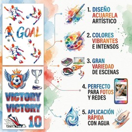 Tatuajes Temporales de Fútbol Acuarela, Stickers Soccer Coloridos con Diseño Artístico, Calcomanías del Mundial, para Fiesta, Eventos y Fotos (Modelos aleatorios)