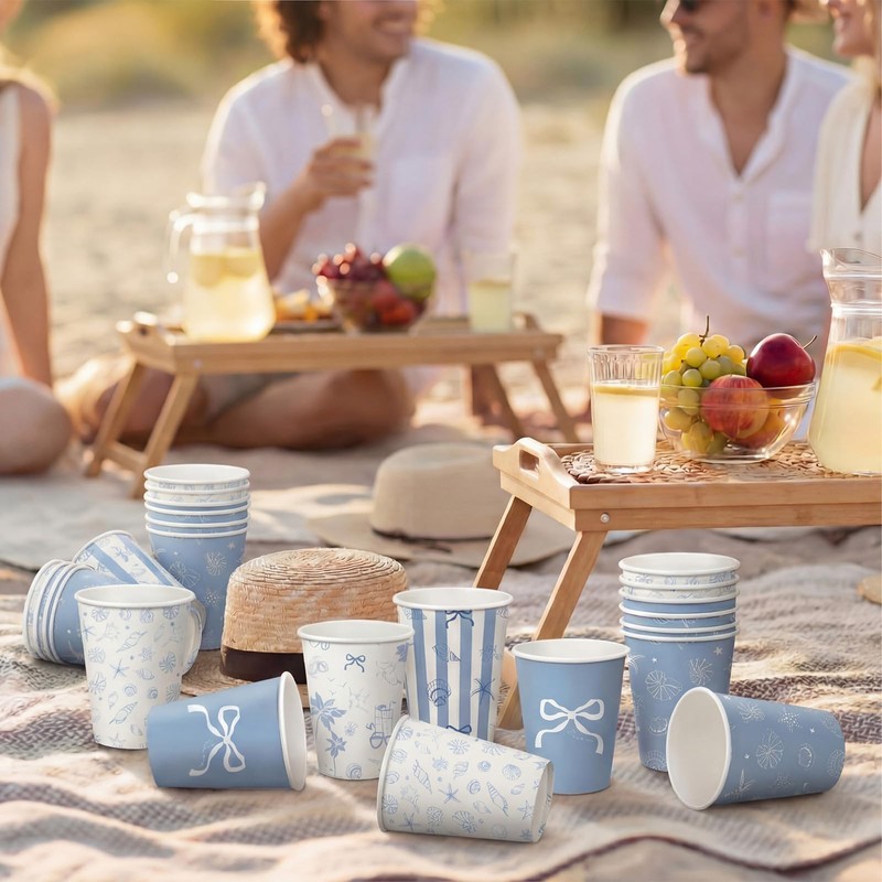 100 Pcs 9 oz Blue Nautical Paper Cups, Starfish Seashell