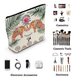 YULUENZE Elephant Present Ethnic Pattern Elephant Canvas Makeup Bag Cute Small Organizer Bag with Zipper Elephants Toiletry Cosmetic Bag Birthday Presents for Elephant Lovers Women Friends