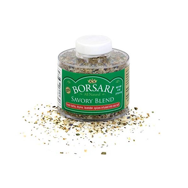 Borsari Savory Seasoned Salt Blend - Gourmet Sea Salt With Fresh Herbs and Spices - Gluten Free All Natural Keto Friendly All Purpose Seasoning With Thyme and Lavender - 4 oz Shaker Bottle