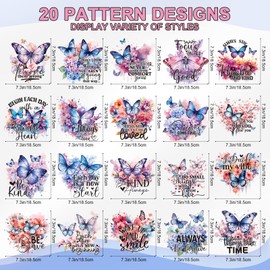 Wxiben Butterfly Iron on Transfers for T-Shirts - 20Pcs Butterfly Inspirational Dtf Transfers Ready to Press Heat Transfer Vinyl Stickers Flying Animal Floral Iron on Decals for Clothes Bag DIY Crafts