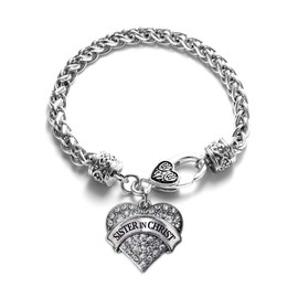 Inspired Silver - Sister in Christ - Silver Braided Bracelet for Women - Pave Heart Charm Bracelet Jewelry Gift with Cubic Zirconia - Women's Charm Bracelet with Lobster Claw Clasp