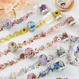 DAPUTOU 6 Rolls PET Washi Tape 50mm Wide Flowers Transparent Ephemera Light Decorative Aesthetic Floral Stickers Set for Junk Journaling, Scrapbook Supplies, Crafting, DIY Projects
