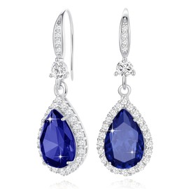 Diamond Dangle Earrings for Women Silver/Gold Plated Crystal Rhinestone Birthstone Drop Dangling Teardrop Earring Set Wedding Costume Jewelry Gift for Women White Gold Plated Sapphire