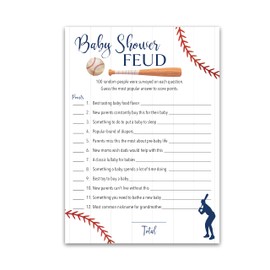 BASEBALL Baby Shower FEUD Game — Pack of 25 — Fun Shower Family Feud Games, Navy Blue BOY Baby Shower Activity, Rustic Sports Baseball Baby Shower Fued Games Little Slugger theme G900-BSF