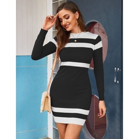 Beyove Women's Striped Color Block Long Sleeve Stretchy Sweater Bodycon Mini Dress Black,Medium