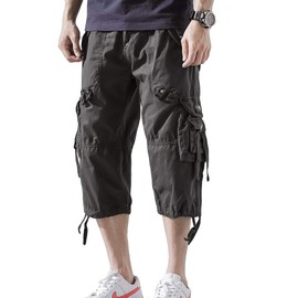 DONGD Mens Cargo Shorts Cotton 3/4 Loose Fit Below Knee Capri Cargo Short Dark Grey