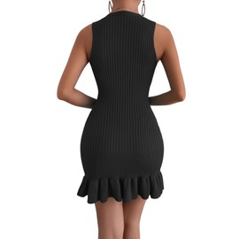 MakeMeChic Women's Sleeveless Sweater Dress Ribbed Knit Ruffle Hem Mini Dress Bodycon Crochet Dress Black S
