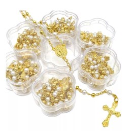 12 x Wholesale Bulk White & Gold Faux Pearl Rosaries for Baptism, Wedding, Memor