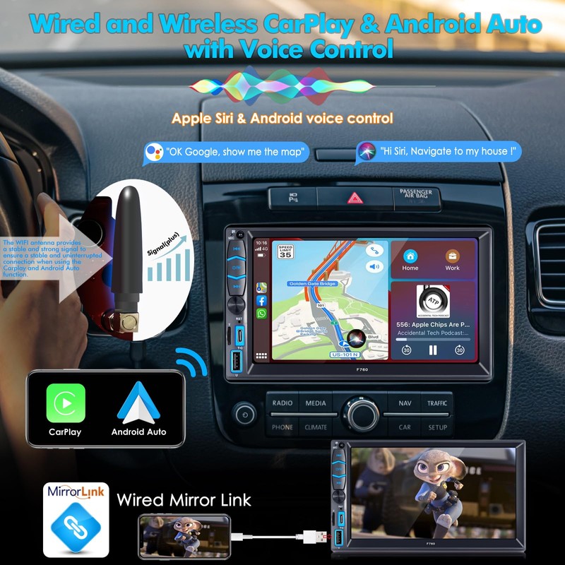 iFreGo Double Din Car Stereo Apple Carplay and Android Auto