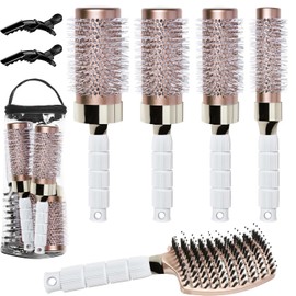 Round Hair Brush Set for Blow-Drying, Round Hair Brush for Wavy and Smooth Hair Styling, Antistatic Ceramic Ion Round Hair Brush Set with 1 Massage Wild Boar Bristles Detangling Brush
