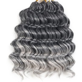 Ocean Wave Crochet Hair - 9 Inch Grey Ombre Curly Braiding Hair Extensions for Women - 7 Packs Deep Wave Short Wavy Crochet Braids - 9Inch (Pack of 7), Tgrey