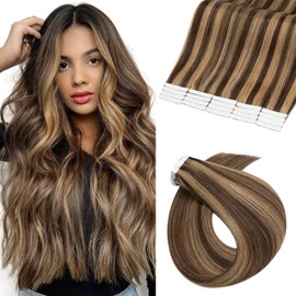 Benehair Remy Tape in Hair Extensions Human Hair Medium Brown&Dark Blonde Seamless Skin Weft Tape in Real Human Hair Extensions Straight Hair 18 Inch 50g #4P27 20 pcs