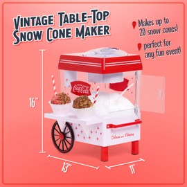 Nostalgia Coca-Cola Snow Cone Shaved Ice Machine - Coke Retro Table-Top Slushie Machine Makes 20 Icy Treats - Includes 2 Reusable Plastic Cups & Ice Scoop - White & Red
