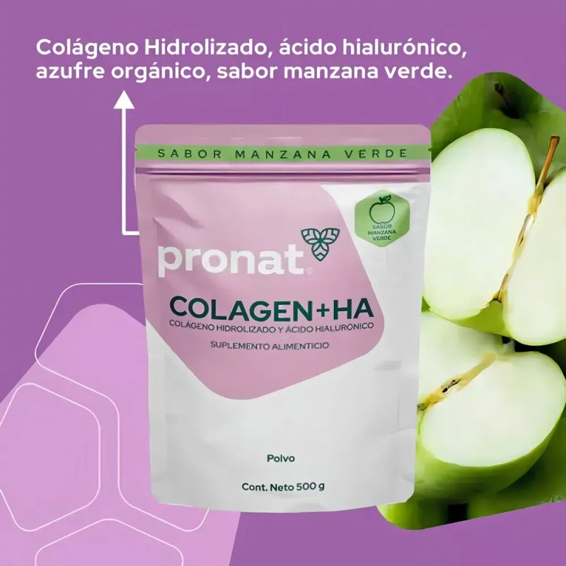 Colágeno Hidrolizado Ácido Hialurónico Pronat 500g Sabor Manzana Verde